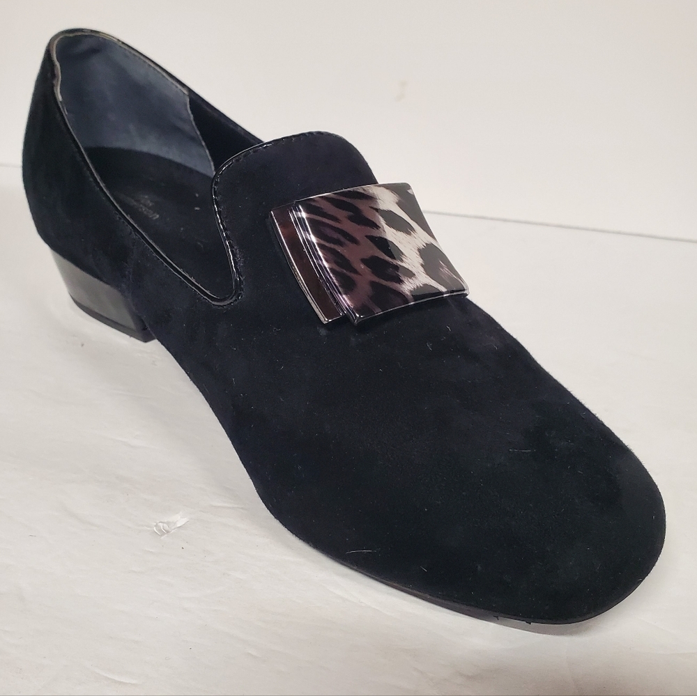 Ros Hommerson Treasure Black suede leather leopard accent Loafer shoe 8.5